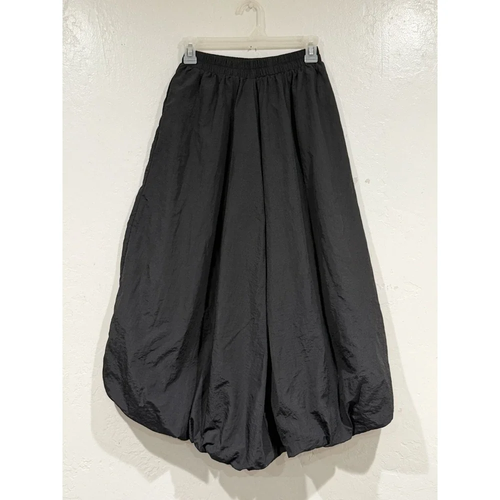 Black Parachute Bubble Skirt Elastic Waist Midi Balloon Puff Streetwear Goth